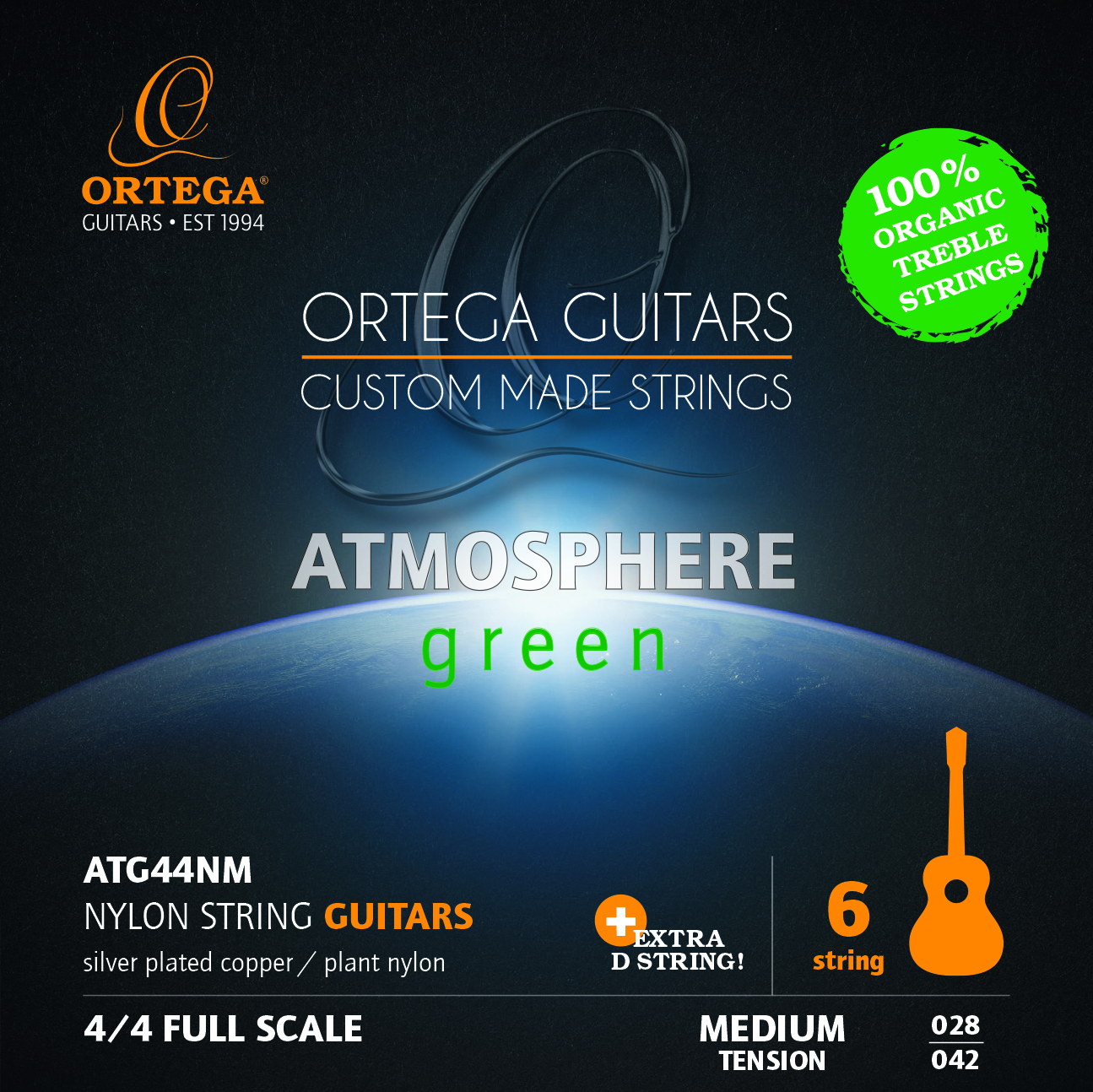 ORTEGA ATG44NM Green Series Organic Nylon Medium   Extra D Saite
